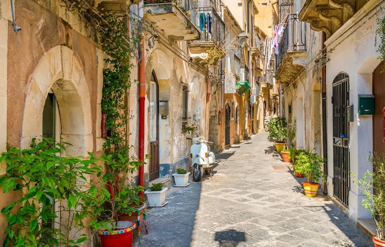 Rua siciliana com arquitetura tradicional italiana